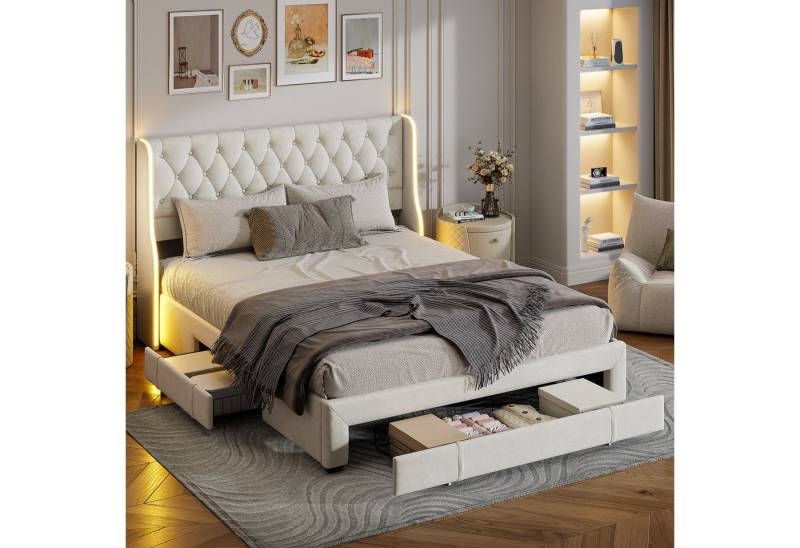 Furnishings Home Stauraumbett Polsterbett Doppelbett modernes Design Chesterfield Steppung (Extra großer Stauraum), Mit LED-Beleuchtung, Flügeln, Schubladen, Samt, 160x200 cm von Furnishings Home