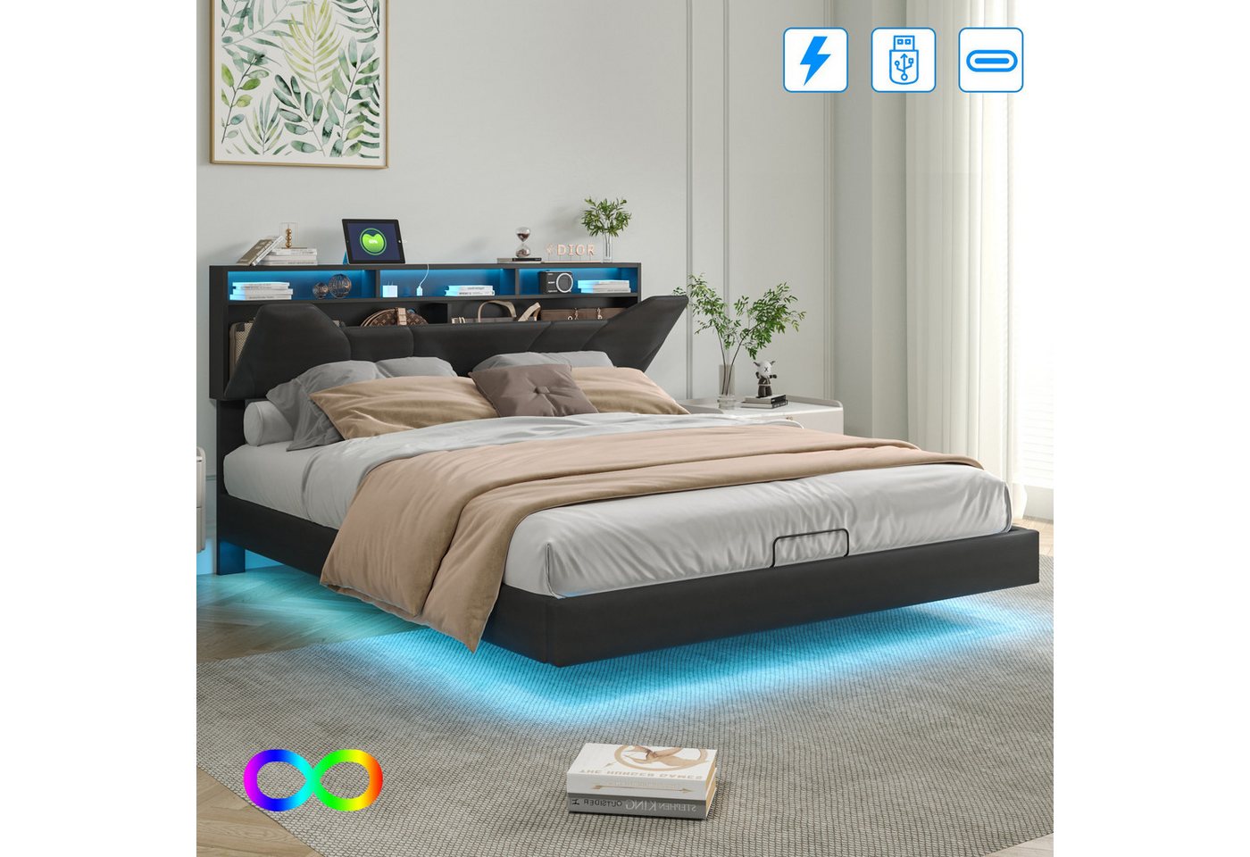 Furnishings Home Polsterbett Polsterbett Stauraumbett Doppelbett LED, PUstoff (Type-C + USB, Hydraulisch hebbarer Stauraum), Mit Bettkasten, LED-Beleuchtung, USB-Anschluss, 160x200 cm von Furnishings Home