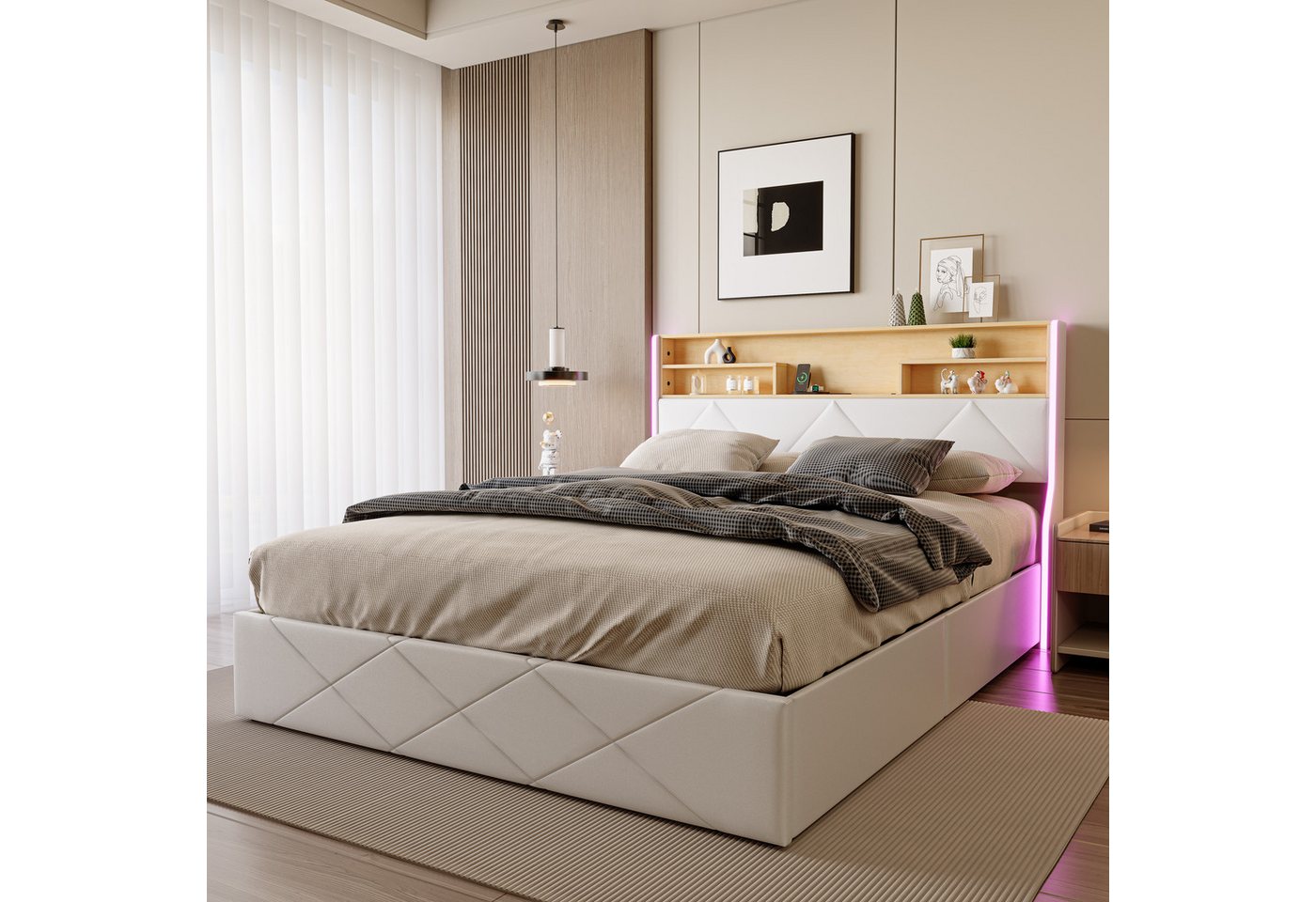 Furnishings Home Stauraumbett Polsterbett LED Doppelbett, Kunstlederstoff (1-tlg., Type-C + 2 USB, Hydraulisch hebbarer Stauraum), Mit Bettkasten, LED-Beleuchtung, USB-Anschluss, 140x200 cm von Furnishings Home
