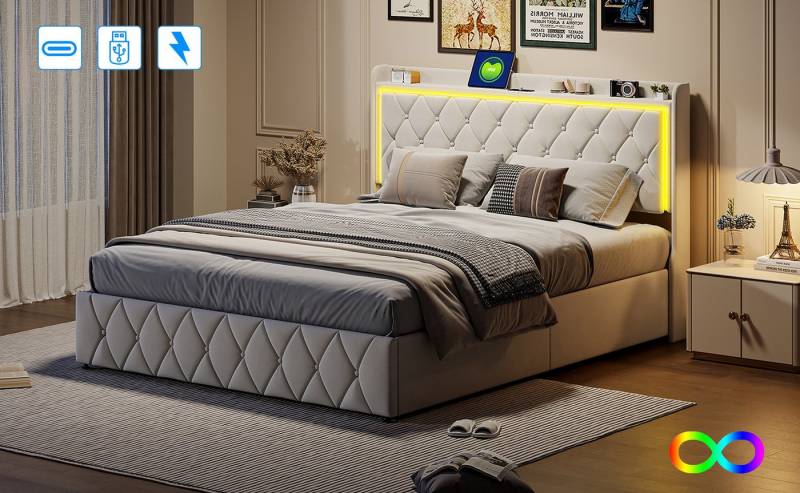 Gdood Polsterbett Stauraumbett LED Doppelbett (1-tlg. Mit LED-Licht und USB C Ladefunktion, Hydraulisch anhebbarer Bettstauraum), Mit LED-Beleuchtung, Ladeanschluss, Lattenrost, Samt, 160x200 cm von Gdood