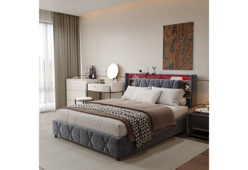 Furnishings Home Polsterbett Stauraumbett Doppelbett inkl. LED & Ladefunktion (Hydraulisch hebbarer Stauraum), Mit LED-Beleuchtung, Nachttisch, Samt, 160x200 cm von Furnishings Home