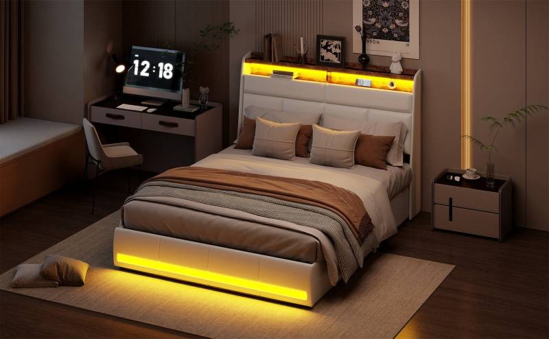 Furnishings Home Polsterbett Stauraumbett LED Doppelbett (Kopfteil & Hydraulisch hebbarer Stauraum), Multifunktionsbett mit LED-Beleuchtung, Lattenrost, PU, 160x200 cm von Furnishings Home