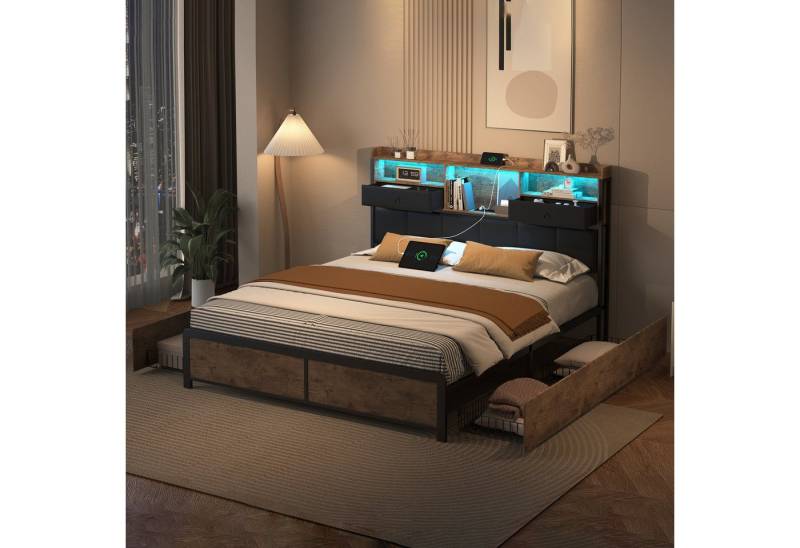 Furnishings Home Polsterbett Stauraumbett Metallbett, mit LED (Jugendbett, Vier extra große Schubladen unter dem Bett), Multifunktionsbett, Mit LED-Beleuchtung, USB + Buchsen, PU, 140x200 cm von Furnishings Home