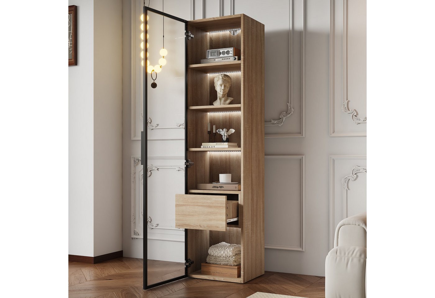 Furnishings Home Stauraumvitrine Seitenschrank Anrichte LED Hoch 165 cm (MDF, 40 x 34.5 x 165 cm) mit fünf 16-farbigen LED-Leuchten von Furnishings Home