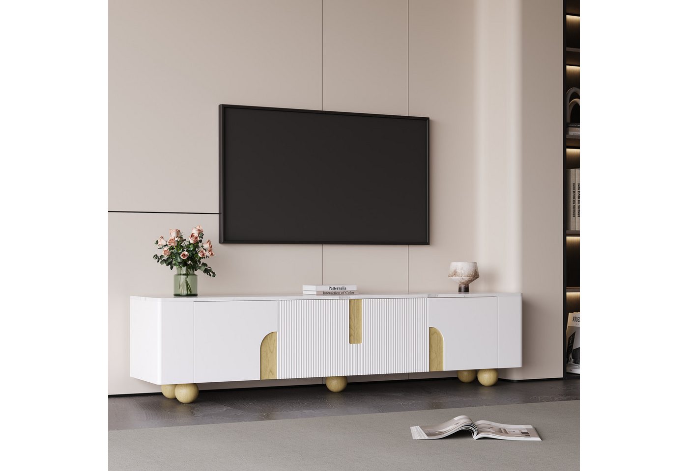 Furnishings Home TV-Schrank 180 cm, 4 Türen, Marmoroptik, Holzfüße, Elegantes Design (1-St) Design in Weiß verschiedene Einrichtungsstile integrieren lässt von Furnishings Home