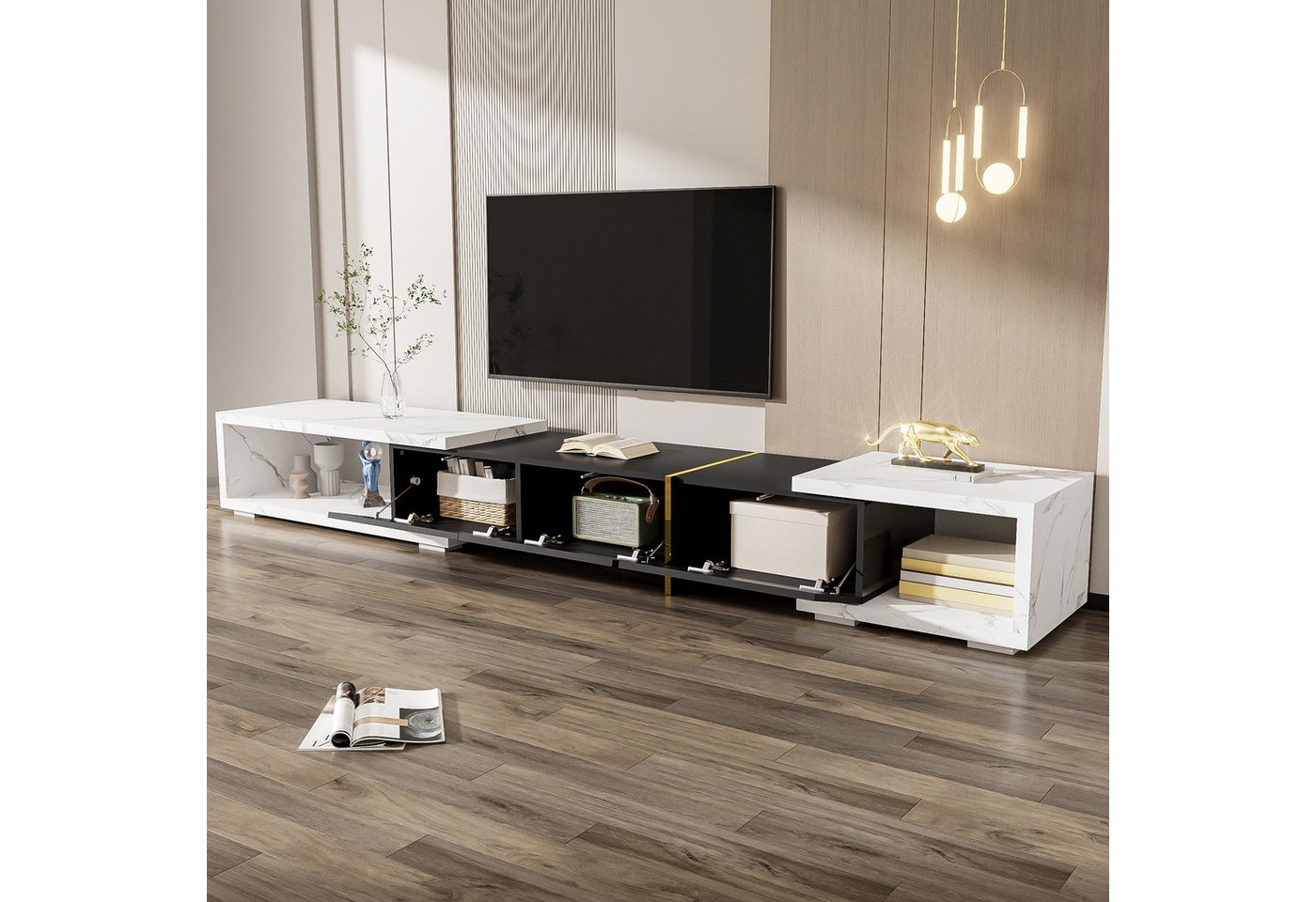 Furnishings Home TV-Schrank Fernsehtisch Hochglanz bodenstehend, Breite 140-260 cm (Marmoroptik + Hochglanz quadratischer) variabler Länge, Mit Drei Flügeltüren, 140-260x40x30 cm von Furnishings Home