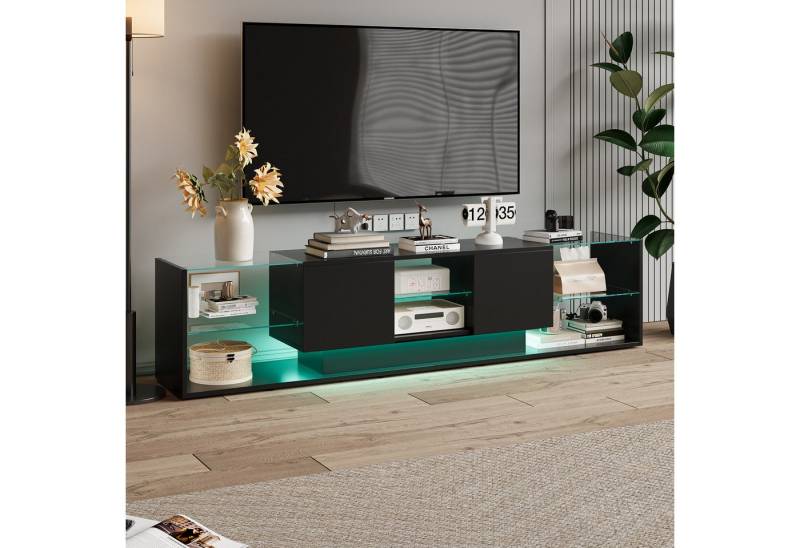 Furnishings Home TV-Schrank LED Lowboard TV-Board, Lange 200 cm (1-St., Hochglänzender quadratischer, 200 x 35 x 45 cm) Mit 2 Schubladen, Glastrennwand und 16-farbigen variablen LED-Leuchten von Furnishings Home