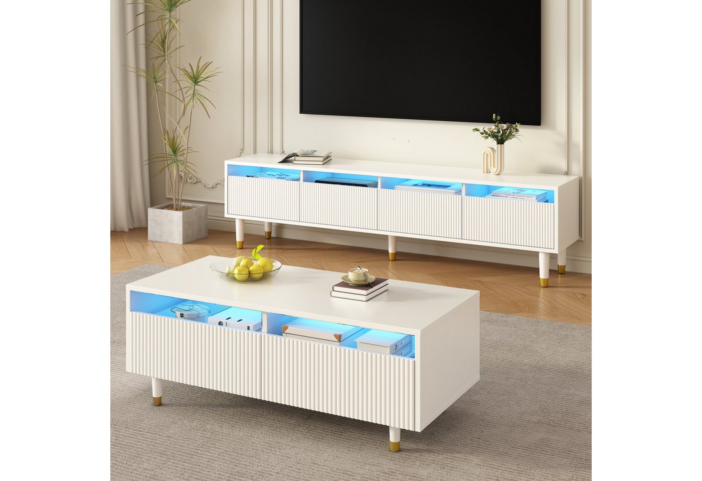 Furnishings Home TV-Schrank LED-Möbelset: TV-Schrank 4 Türen & Couchtisch 2 Schubladen Gold-Design (2-St) Stylische Acrylschubladen mit 3D-Wellenstruktur von Furnishings Home