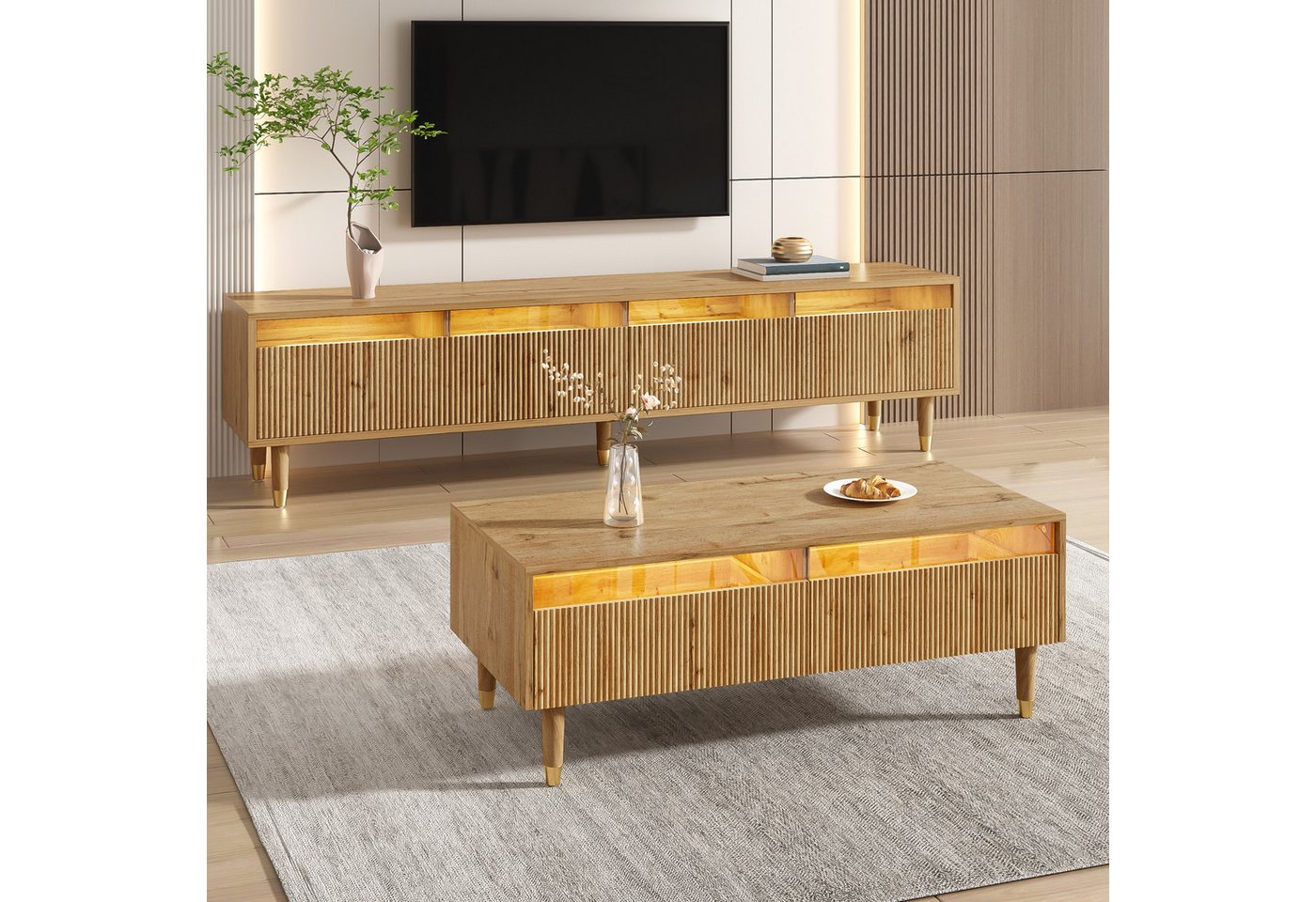 Furnishings Home TV-Schrank LED-Möbelset: TV-Schrank 4 Türen & Couchtisch 2 Schubladen Gold-Design (2-St) Stylische Acrylschubladen mit 3D-Wellenstruktur von Furnishings Home