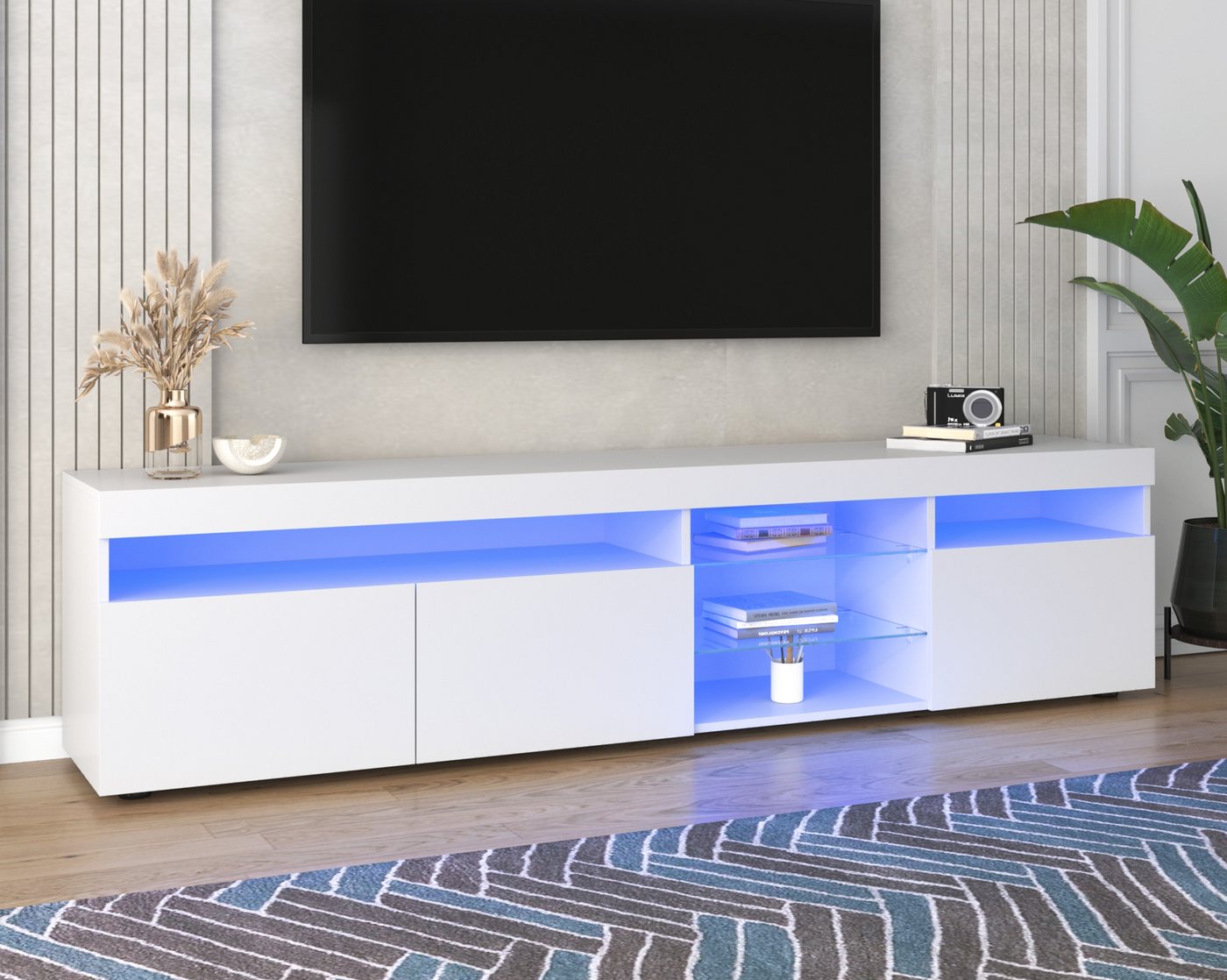 Furnishings Home TV-Schrank Lowboard LED Spind Breite 180 cm (Hochglänzender quadratischer, 180x45x35 cm) Mit Schubladen, Glaslaminat und 16-farbigen variablen LED-Leuchten von Furnishings Home