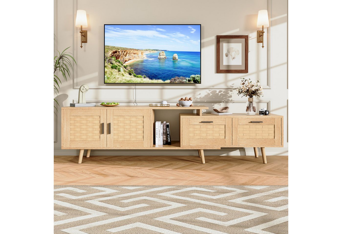 Furnishings Home TV-Schrank Lowboard TV-Board mit 2 Schranktüren, Holzbein (1-St) Mit Zwei Schranktüren + zwei Schubladen, Modernes Design von Furnishings Home