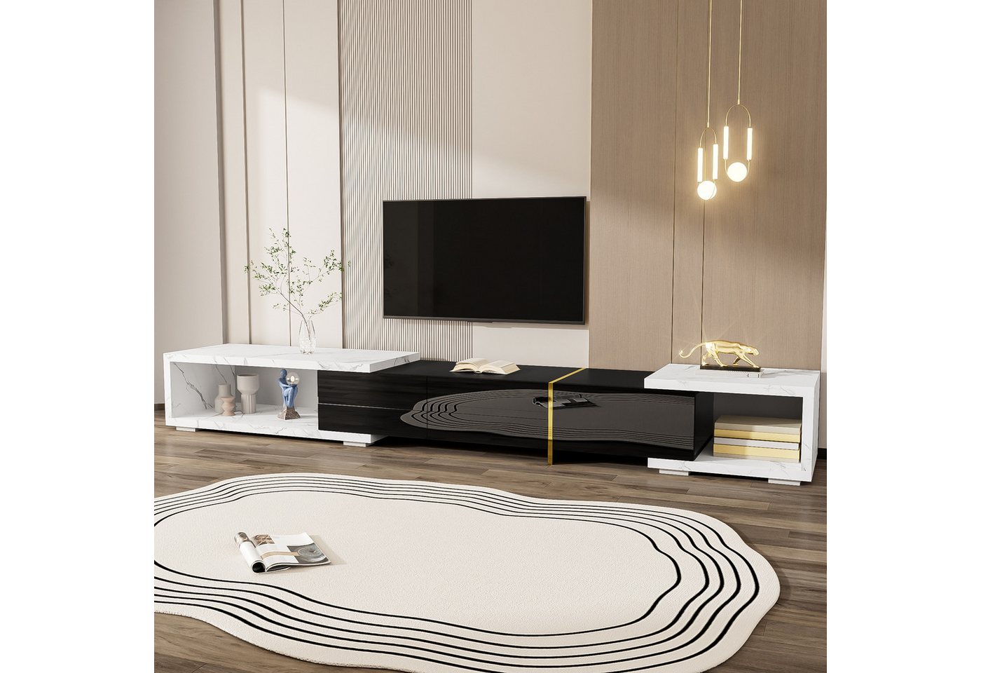 Furnishings Home TV-Schrank mit drehbarer Funktion, Marmoroptik, Hochglanz (1-St) Hochglanz-Matt-Finish Golddekoration variabler Länge von Furnishings Home