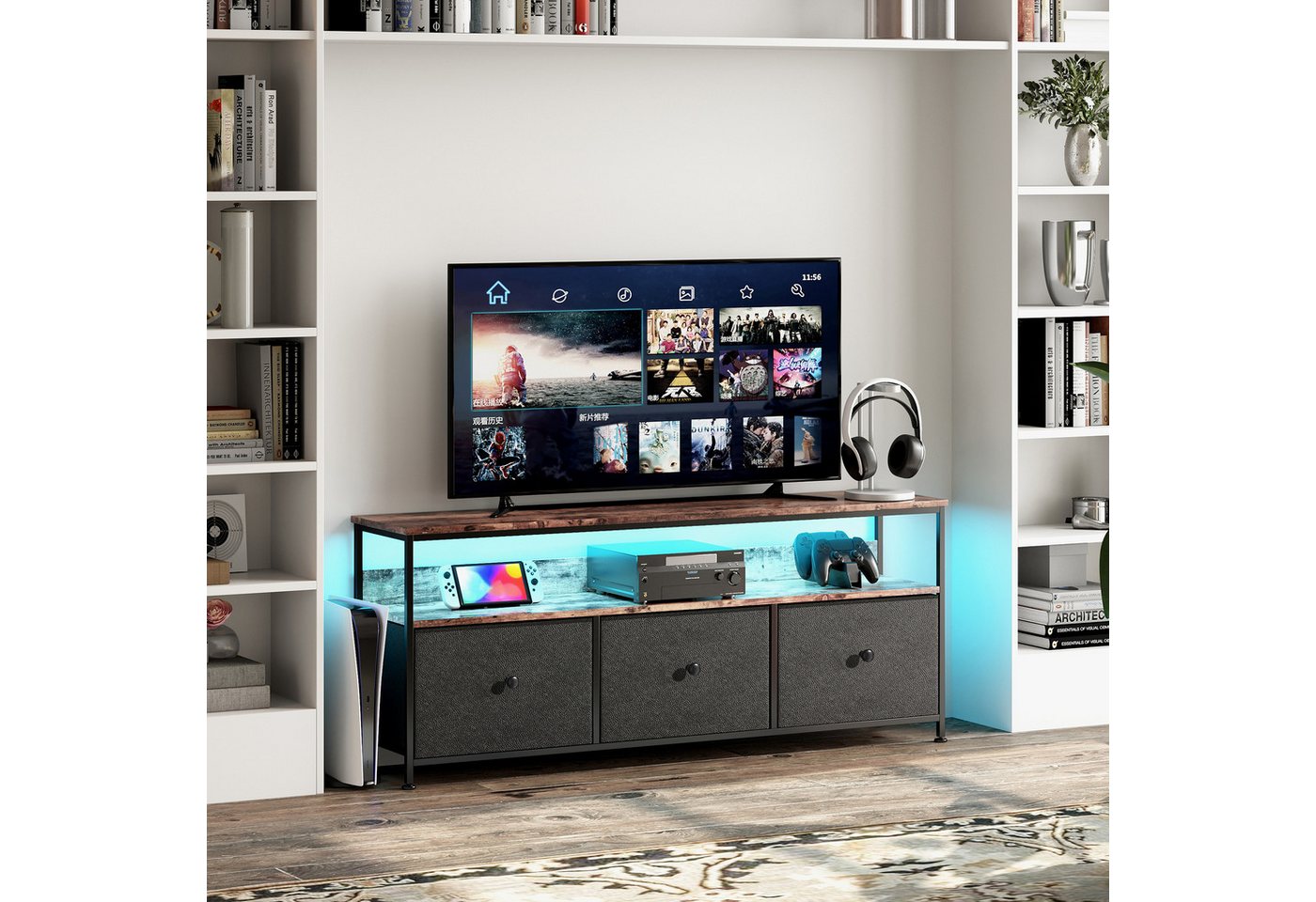 Furnishings Home TV-Schrank Mit LED-Beleuchtung Lowboard TV-Schrank 16-farbigen (1-St) Mit 1 Regal und 3 Stoff Schubladen, TV-Bank für Wohnzimmer Schlafzimme von Furnishings Home