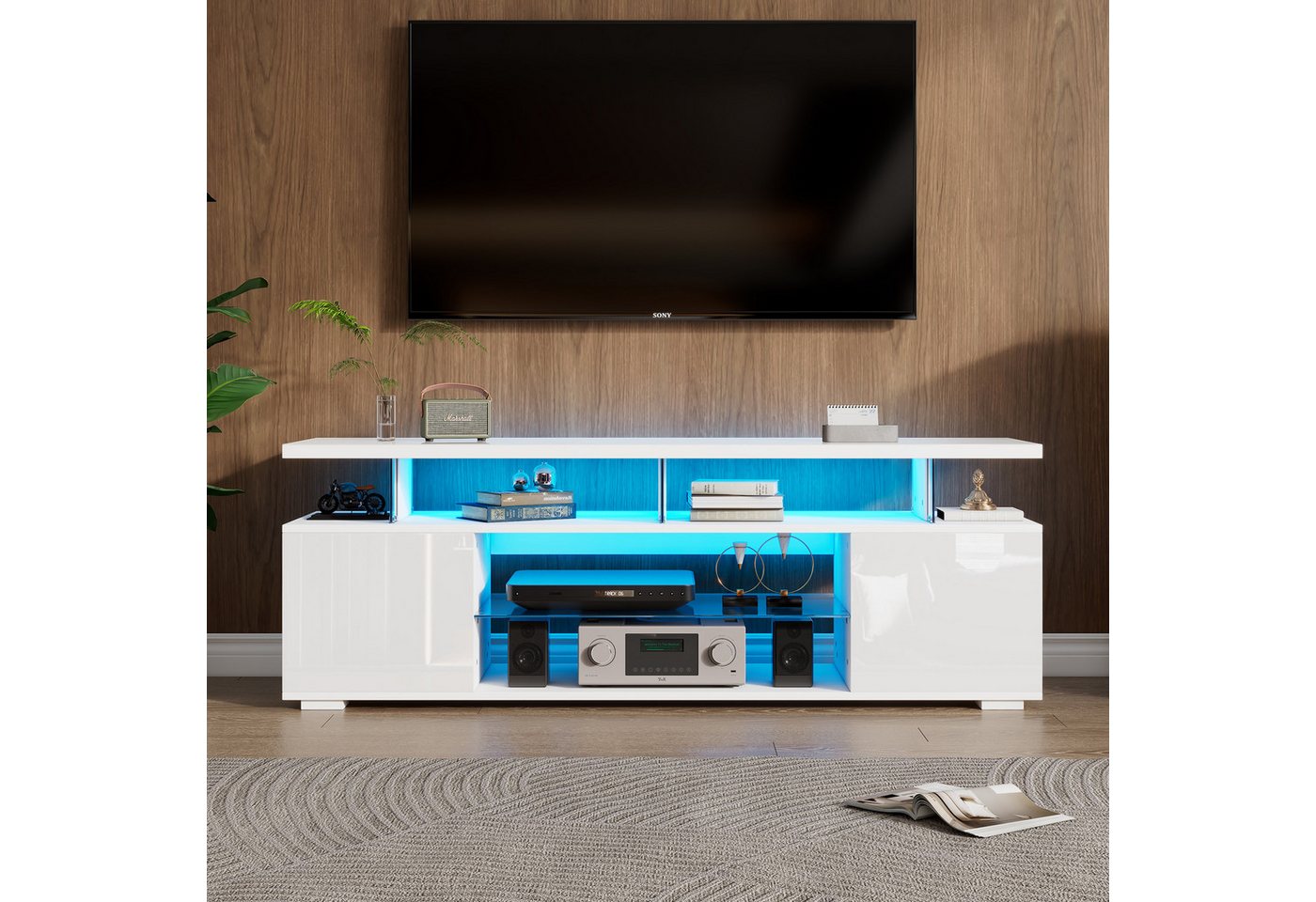 Furnishings Home TV-Schrank Moderner Low-Panel-Hochglanz mit LED-Beleuchtung TV-Ständer (1-St) Stauschränke und große Stauräume, Weiß von Furnishings Home