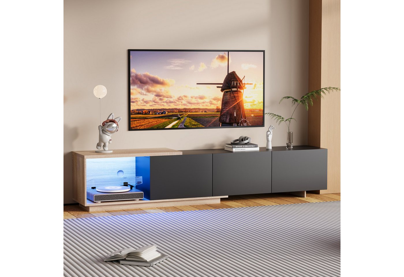 Furnishings Home TV-Schrank TV-Board Lowboard weiß/schwarz LED, 163-240 cm (1-St) Mit LED Beleuchtung, moderne Rahmenoptik, viel Stauraum, Farbauswahl von Furnishings Home