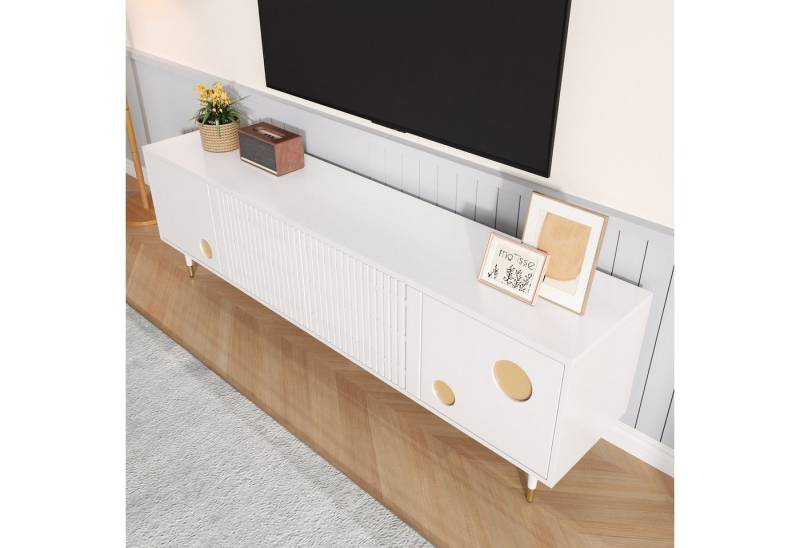 Furnishings Home TV-Schrank TV-Möbel mit Gitterstruktur, 2 Massivholztüren, Golddekor & Griffen (1-St) Elegantes Design für moderne Häuser Weiß/Schwarz 170L x 36B x 54Hcm von Furnishings Home
