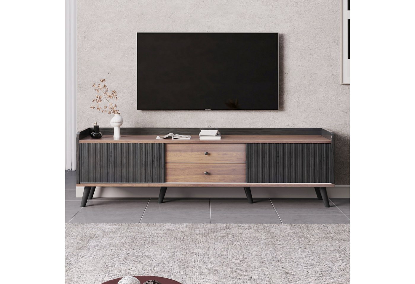 Furnishings Home TV-Schrank TV-Schrank mit Schubladen 2 und Schiebetüren Stilvoll & Funktional (1-St) Schwarz & Naturholz, Exklusive Holzstruktur 160 L x 40 B x 58 H(cm) von Furnishings Home