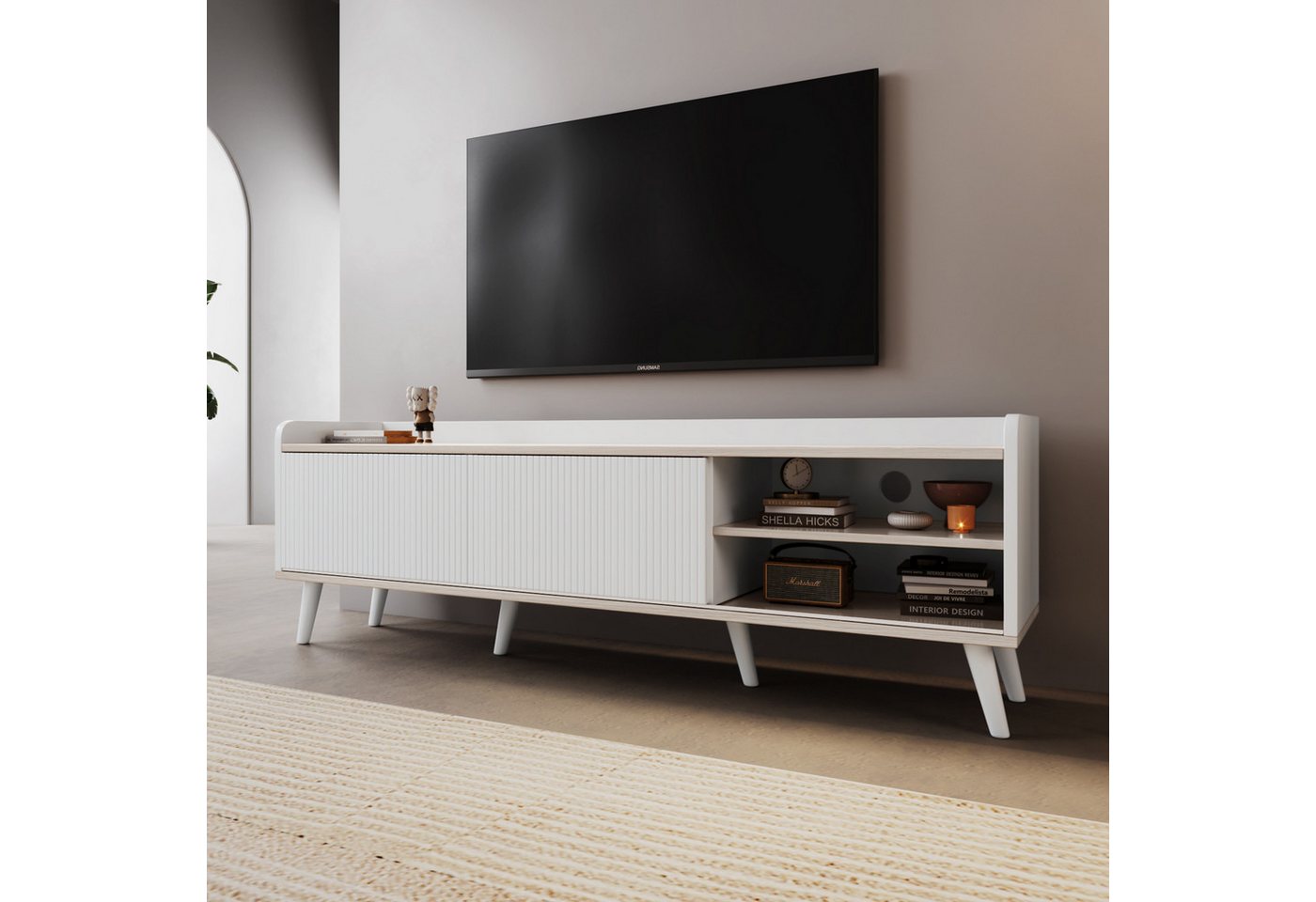 Furnishings Home TV-Schrank Fernsehtisch TV Board mit 2 Schubladen & Schiebetüren – H58/L160/T40 (1-St) Spezielles farblich passendes Design, modisch und elegant. von Furnishings Home