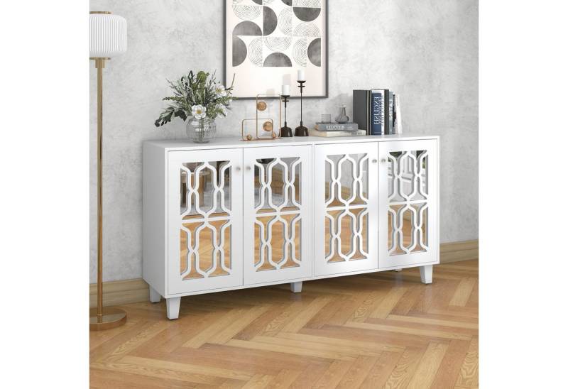 Furnishings Home Tresenkommode Vier Türen mit kühlen Kristallgriffen verspiegelte Anrichte (1 St), Für Wohn- und Esszimmer, 160 x 40 x 84cm Zwei Farben:Weiß Schwarz von Furnishings Home