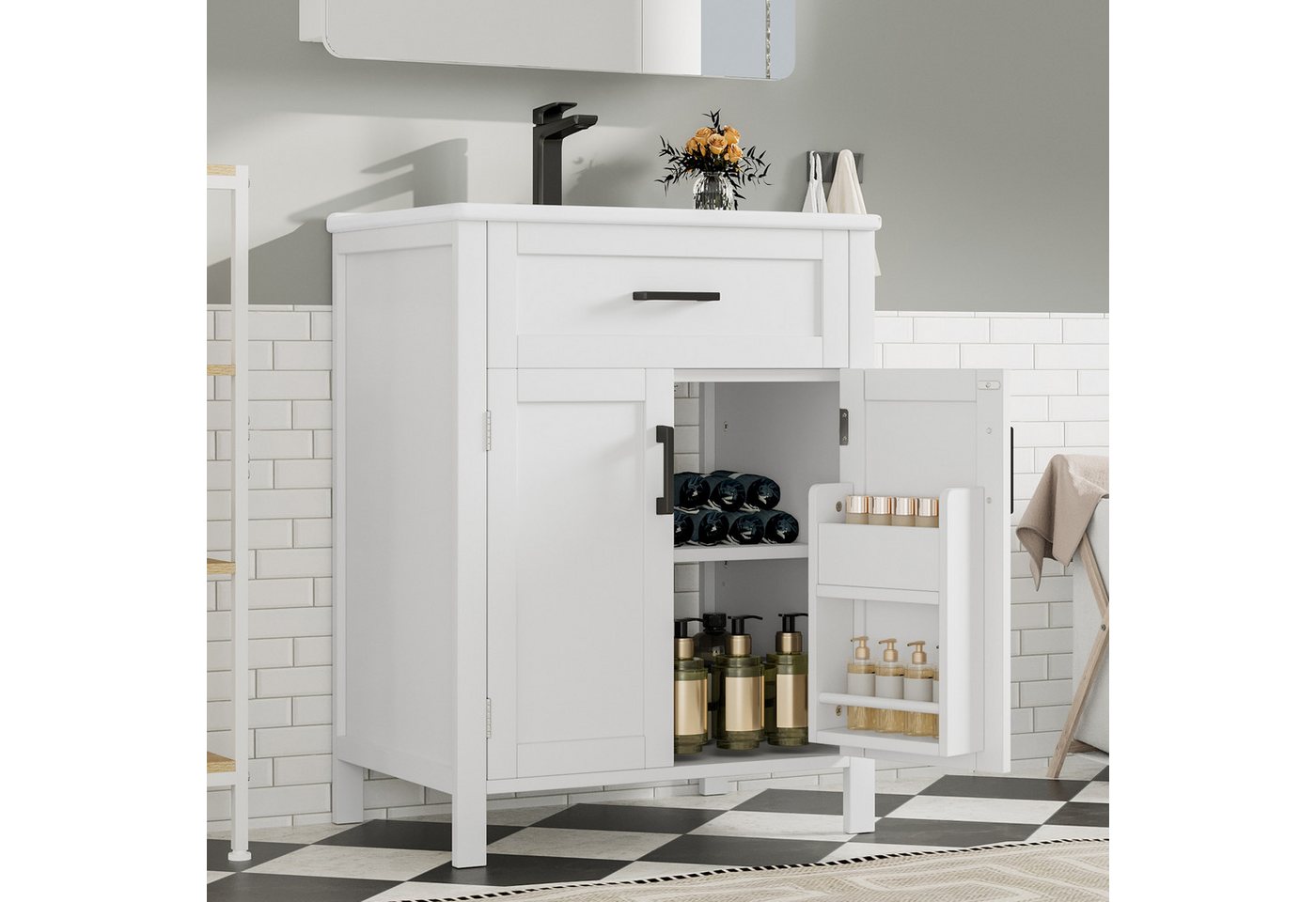 Furnishings Home Waschbeckenunterschrank Bodenstehender Badezimmerschrank mit Waschbecken Doppeltürregale (1-St) Verstellbare Regale integriertes Keramikwaschbecken Weiß Grau von Furnishings Home