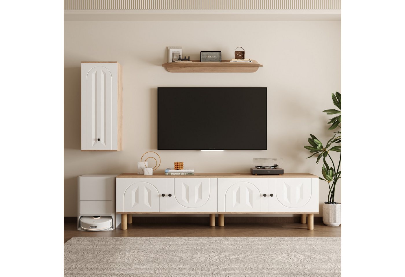 Furnishings Home Wohnwand Highboard Schrank Set 3-tlg. mit Wandboard Weiß Holz geschnitzt, (3-St), Komplettset – TV-Schrank (80 kg), Vitrine (30 kg), Regal (15 kg) von Furnishings Home