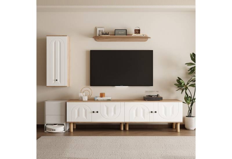 Furnishings Home Wohnwand Highboard Schrank Set 3-tlg. mit Wandboard Weiß Holz geschnitzt, (3-St), Komplettset – TV-Schrank (80 kg), Vitrine (30 kg), Regal (15 kg) von Furnishings Home