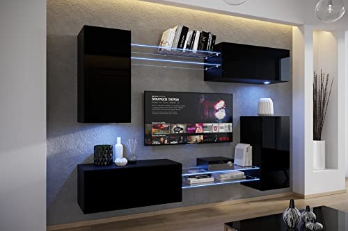 Furnitech Wohnwand Wohnzimmer | Wohnzimmer Möbel mit LED RGB - 16 Farben | Hängend Wohnwand Modern | Wohnzimmer Schrankwand mit Regale und TV Schrank (AN57N-21B-HG1-1A) von Furnitech