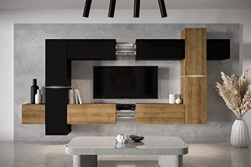Furnitech Wohnwand Wohnzimmer - Wohnzimmer Möbel mit LED RGB - 16 Farben - Hängend Wohnwand Modern - Wohnzimmer Schrankwand mit Regale und TV Schrank (AN91NEW-21BDZ-M9 MATT) von Furnitech