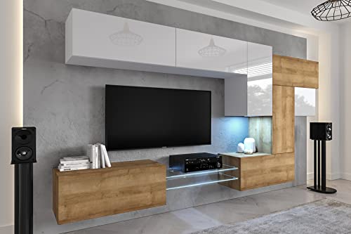 Furnitech AN92 New Modernes Wohnzimmer Wohnwand Wohnschrank Schrankwand Mediawand TV-Schrank Möbel (LED weiß, AN92NEW-21WDZ-HGM22) von Furnitech