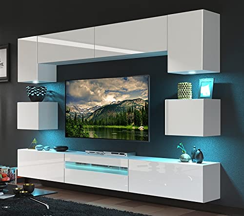 Furnitech BESTA Möbel Schrankwand Wandschrank Wohnwand Mediawand mit Led Beleuchtung Wohnzimmer (LED RGB (16 Farben), GAN1-17W-HG21 1B) von Furnitech