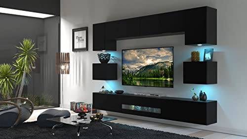 Furnitech Wohnwand Wohnzimmer - Wohnzimmer Möbel mit LED Weiß - Hängend Wohnwand Modern - Wohnzimmer Schrankwand mit Regale und TV Schrank (Besta DAN1-17B-M7-1B Matt) von Furnitech