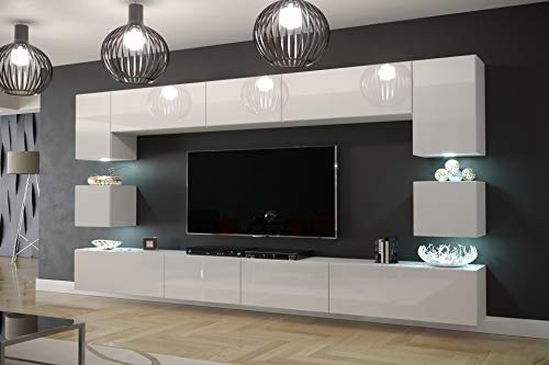 Furnitech Modernes TV Möbel mit LED Beleuchtung Schrank Wohnschrank Wohnzimmer Schrankwand Wohnwand Mediawand Nowara 1C (AN1-17W-HG21 1C, LED weiß) von Furnitech