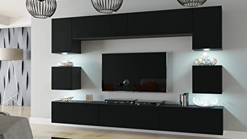 Furnitech Wohnwand Wohnzimmer Möbel (Schwarz matt) mit LED RGB - 16 Farben - Hängend Wohnzimmerwand Modern - Schrankwand mit Regale und TV Schrank (Nowara AN1-17B-M52 1C Matt) von Furnitech