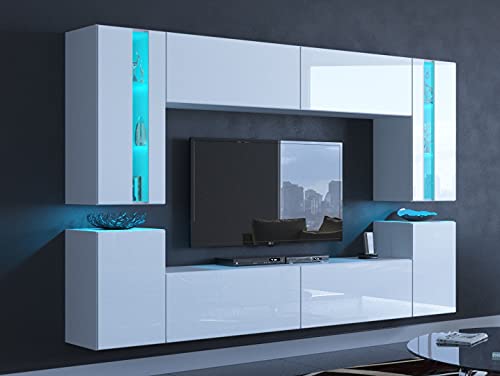 Furnitech Modernes Wohnzimmer Wohnwand Wohnschrank Schrankwand Mediawand Möbel (LED blau, 24/HG/W/2 1B groß) von Furnitech