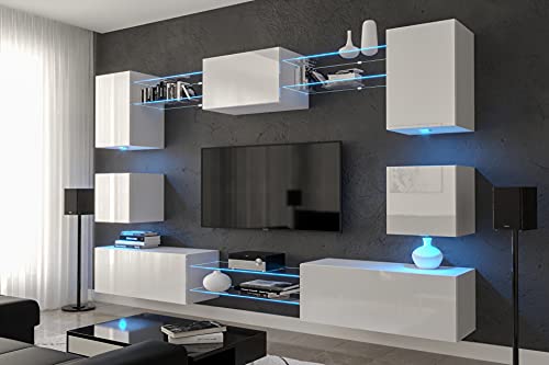 Nowara Wohnwand Modern mit LED RGB - 16 Farben | Hängend Wohnzimmer Schrankwand mit Regale und TV Schrank von Furnitech