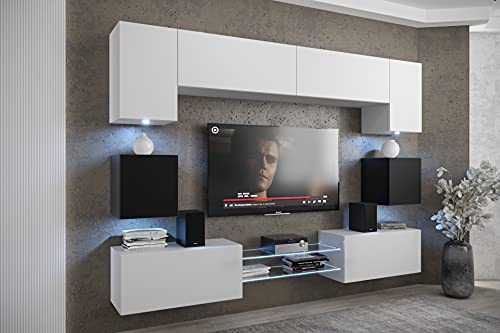 Furnitech Wohnwand Wohnzimmer - Hängend Wohnwand Modern Schrankwand mit Regale und TV Schrank Möbel ohne LED (Nowara ANX1-17WB-M20-1A) von Furnitech