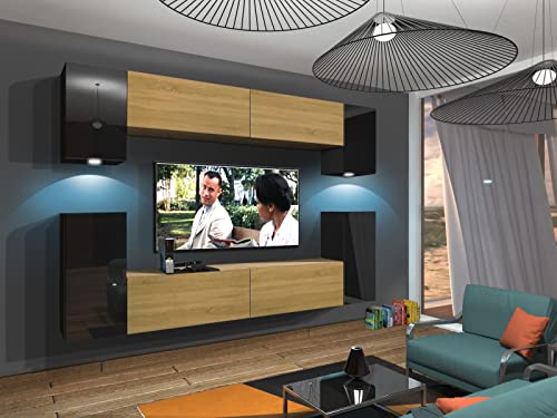 Furnitech Wohnwand Wohnzimmer | Hängend Wohnwand Modern | Wohnzimmer Schrankwand mit Regale und TV Schrank | Wohnzimmer Möbel ohne LED (Rodos AN43-17BD-HGM47 1A) von Furnitech