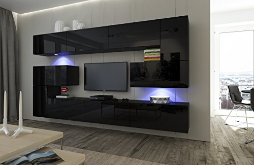 Furnitech Wohnwand Wohnzimmer - Wohnzimmer Möbel mit LED Blau - Hängend Wohnwand Modern Schrankwand mit Regale und TV Schrank (Albania AN3-17B-HG20 1A) von Furnitech