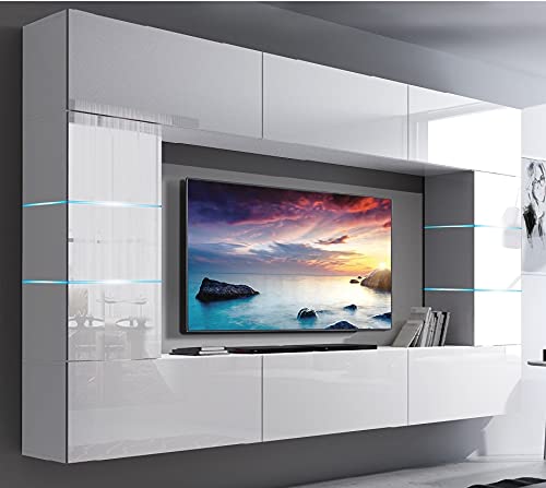 Furnitech Wohnwand Wohnzimmer | Wohnzimmer Möbel mit LED Blau | Hängend Wohnwand Modern | Wohnzimmer Schrankwand mit Regale und TV Schrank (Future 61/HG/W/2 1A) von Furnitech