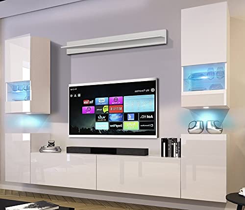 Furnitech Wohnwand Wohnzimmer | Wohnzimmer Möbel mit LED Blau | Hängend Wohnwand Modern | Wohnzimmer Schrankwand mit Regale und TV Schrank (Future 68/HG/W/2 1A) von Furnitech