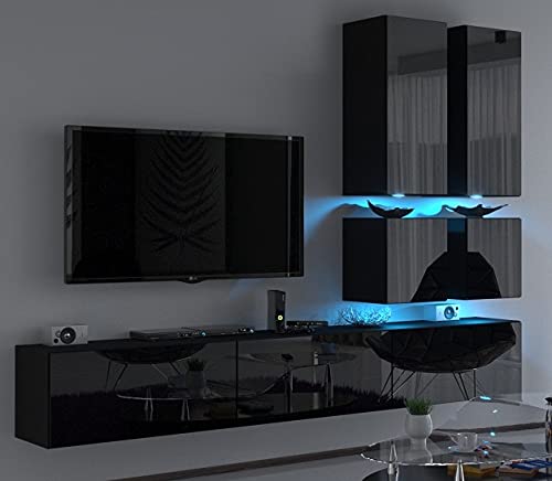 Furnitech Wohnwand Wohnzimmer | Wohnzimmer Möbel mit LED Blau | Hängend Wohnwand Modern | Wohnzimmer Schrankwand mit Regale und TV Schrank (Future C77-HG-B1 1A Schwarz) von Furnitech