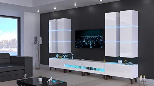 Furnitech Jurat AN51 Möbel Schrankwand Wandschrank Wohnwand Mediawand mit Led Beleuchtung Wohnzimmer (LED blau, ANK51-18HG-W2 GS5 Füßen), 192 von Furnitech