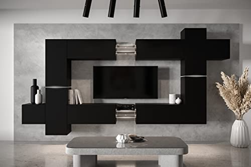 Furnitech Wohnwand Wohnzimmer - Wohnzimmer Möbel mit LED RGB - 16 Farben - Hängend Wohnwand Modern - Wohnzimmer Schrankwand mit Regale und TV Schrank (AN91NEW-21B-M3 MATT) von Furnitech