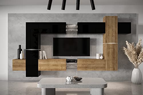 Furnitech Wohnwand Wohnzimmer - Wohnzimmer Möbel mit LED RGB - 16 Farben - Hängend Wohnwand Modern - Wohnzimmer Schrankwand mit Regale und TV Schrank (AN91NEW-21BDZ-HGM24) von Furnitech