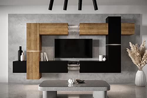 Furnitech Wohnwand Wohnzimmer - Wohnzimmer Möbel mit LED RGB - 16 Farben - Hängend Wohnwand Modern - Wohnzimmer Schrankwand mit Regale und TV Schrank (AN91NEW-21DZB-M13 MATT) von Furnitech