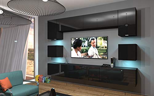 Furnitech Wohnwand Wohnzimmer | Wohnzimmer Möbel mit LED Weiß | Hängend Wohnwand Modern | Wohnzimmer Schrankwand mit Regale und TV Schrank (Nowara AN1-17B-HG20 1B) von Furnitech