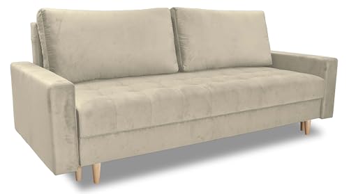 Furniture-Adamski Schlafsofa Alex, Sofa mit Schlaffunktion und Bettkasten, Klappsofa, Schlafcouch mit Füßen aus Holz, Couch in Velourstoff, Frabe: Beige von Furniture-Adamski