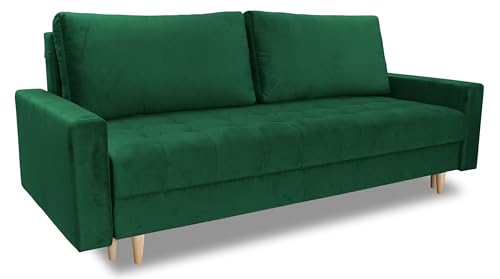 Furniture-Adamski Schlafsofa Alex, Sofa mit Schlaffunktion und Bettkasten, Klappsofa, Schlafcouch mit Füßen aus Holz, Couch in Velourstoff, Frabe: Grün von Furniture-Adamski