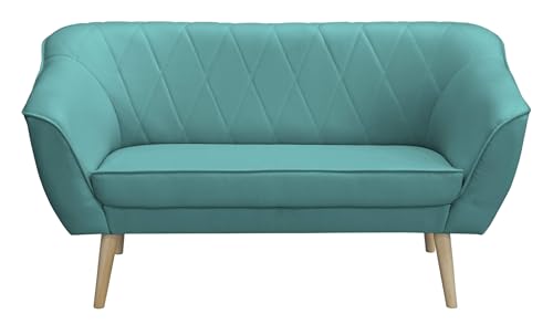 Furniture-Adamski Sofa SKANDI Couch für Zwei Personen 140 x 75 x 73 cm, mit Füßen aus Naturholz, Couch in Velourstoff in Farbe: Türkis von Furniture-Adamski