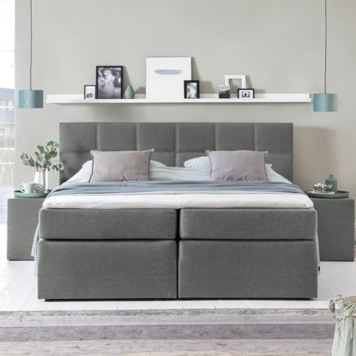 3F FURNITURE FOR FRIENDS RAVENSBERGER Boxspringbett Bea, 220x220 cm - mit gestepptem Kopfteil - mit 7-Zonen Taschenfederkern Matratze, Härtegrad H2/H3 - inkl. Visco Topper - Polsterbett in Hellgrau von 3F FURNITURE FOR FRIENDS